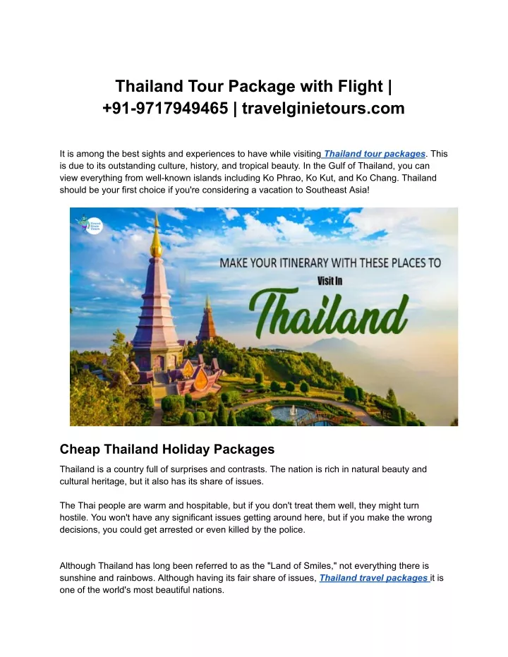 thailand tour package with flight 91 9717949465