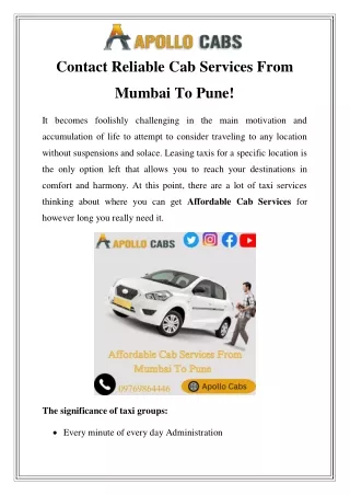 Affordable Cab Services From Mumbai To Pune Call- 09769864446