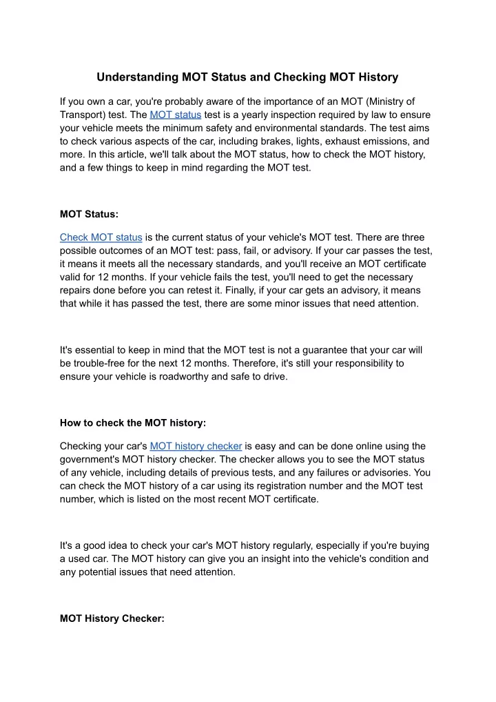 understanding mot status and checking mot history