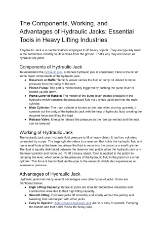The Components, Working, and Advantages of Hydraulic Jacks