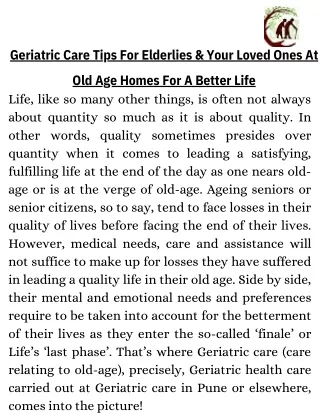 Geriatric Care Tips For Elderlies & Your Loved Ones At Old Age Homes For A Better Life