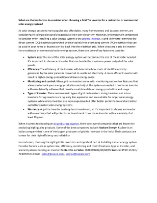 What are the key factors to consider when choosing a Grid Tie Inverter for a residential or commercial solar energy syst