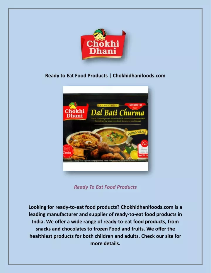 ready to eat food products chokhidhanifoods com