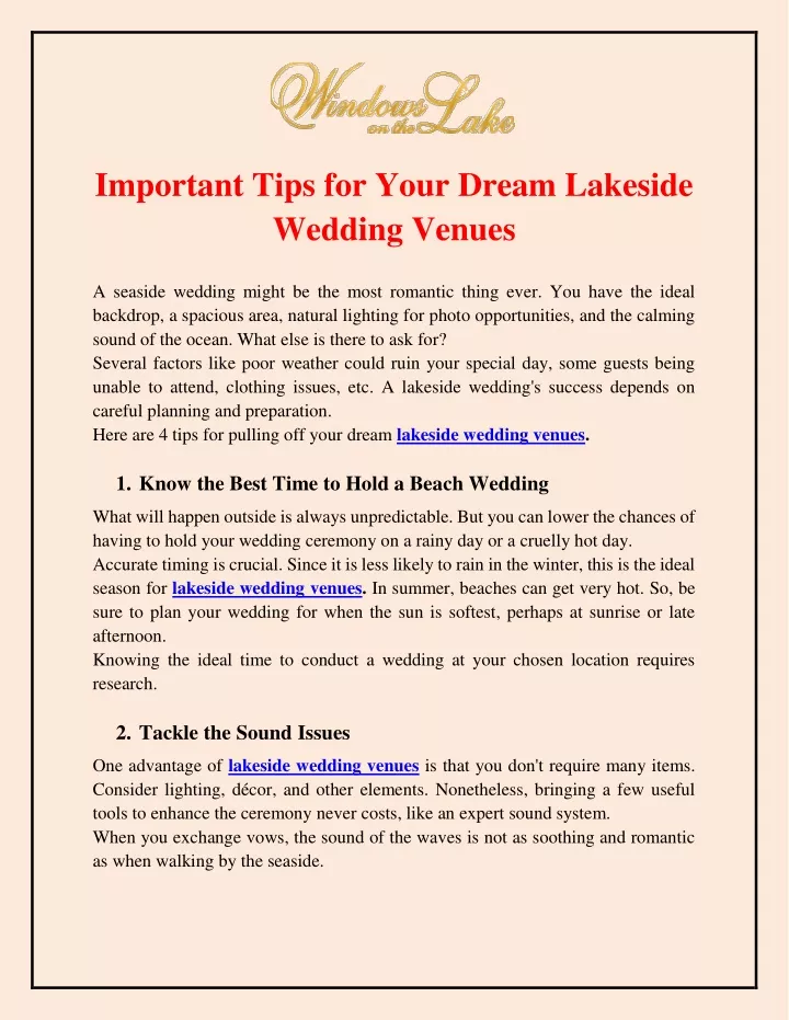 important tips for your dream lakeside wedding