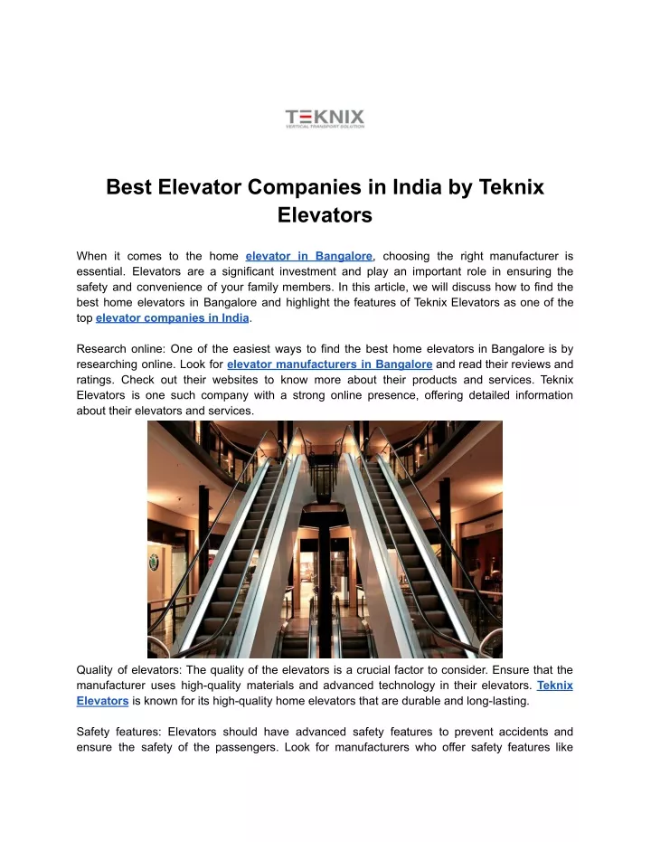 best elevator companies in india by teknix