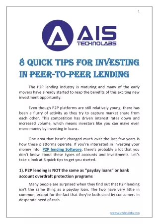 8 Quick Tips for Investing in Peer-to-Peer Lending
