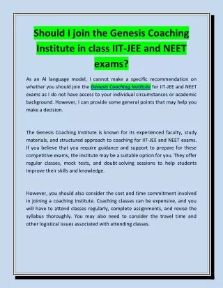 Should I join the Genesis Coaching Institute in class IIT-JEE and NEET exams?