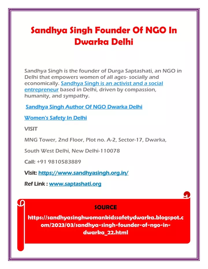 sandhya singh founder of ngo in dwarka delhi