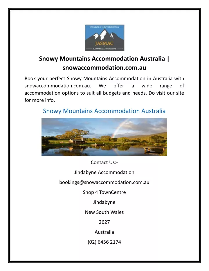 snowy mountains accommodation australia