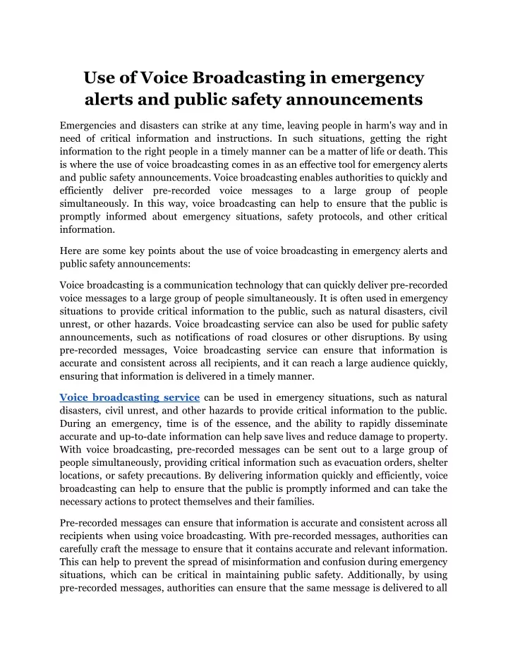 use of voice broadcasting in emergency alerts