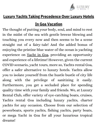 Luxury Yachts Taking Precedence Over Luxury Hotels In Goa Vacation