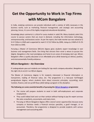 Get the Opportunity to Work in Top Firms with MCom Bangalore