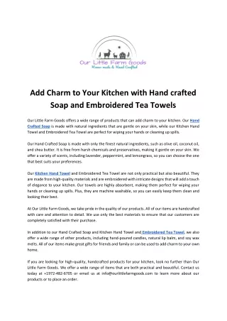 Add Charm to Your Kitchen with Hand crafted Soap and Embroidered Tea Towels