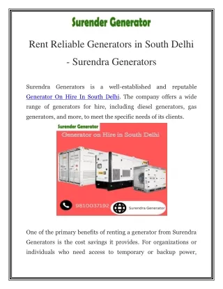 Generator on Hire in South Delhi Call-9810037192