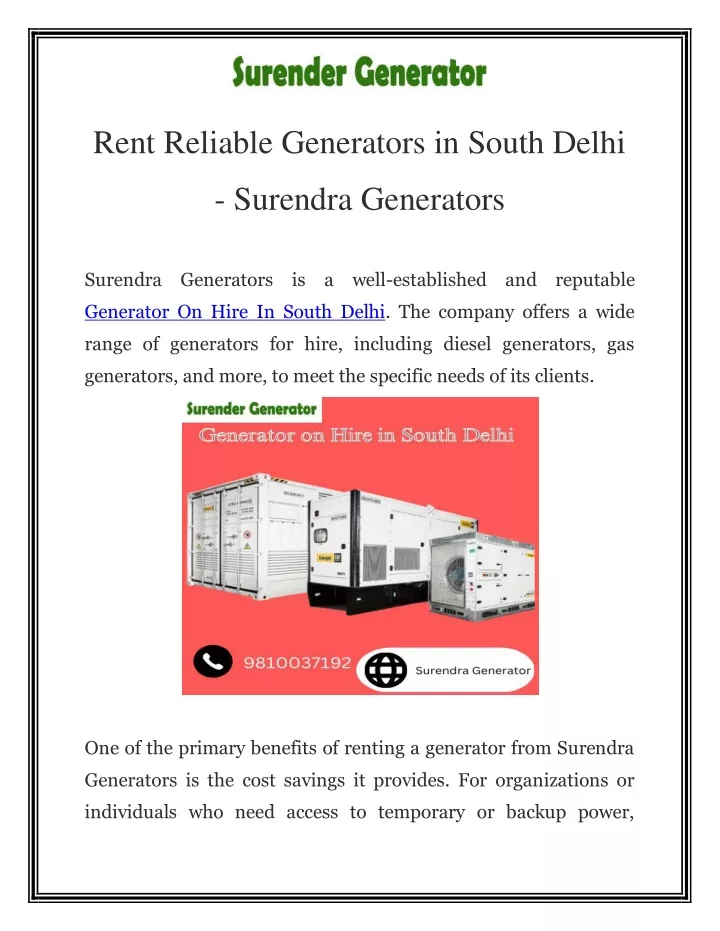 rent reliable generators in south delhi