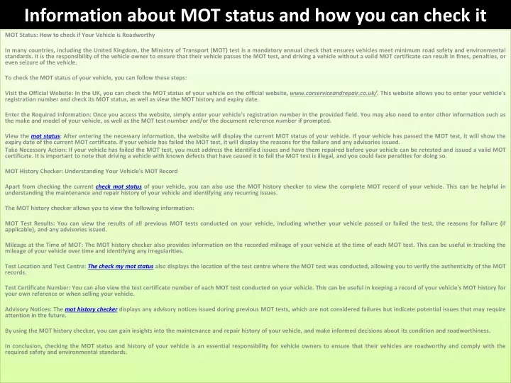 information about mot status and how you can check it