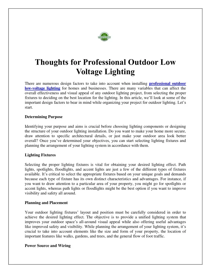 thoughts for professional outdoor low voltage