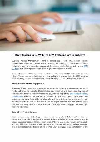 Three Reasons To Go With The BPM Platform From CumulusPro