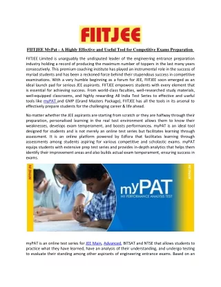 FIITJEE MyPat - A Highly Effective and Useful Tool for Competitive Exams Preparation 