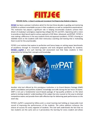 FIITJEE MyPat — A Smart Learning and Assessment Tool Empowering Students to Improve