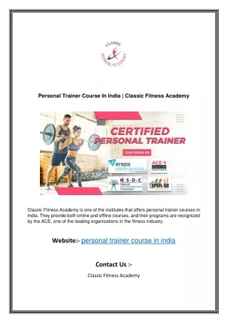 Personal Trainer Course In India  Classic Fitness Academy