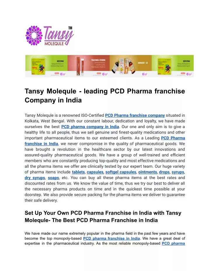 tansy molequle leading pcd pharma franchise