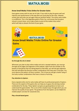 know small matka tricks online for greater gains