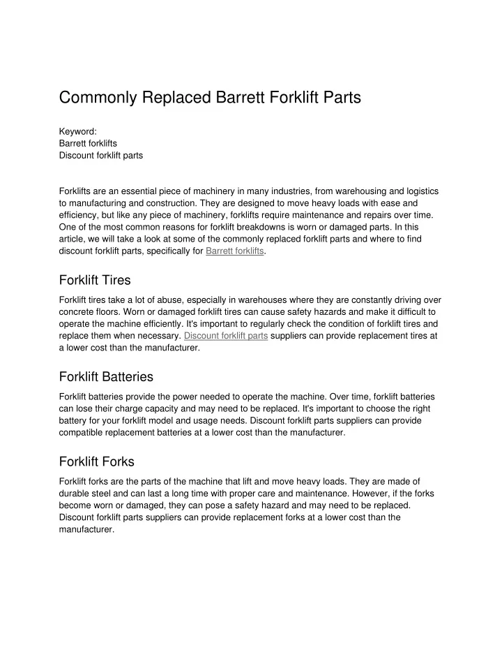 commonly replaced barrett forklift parts