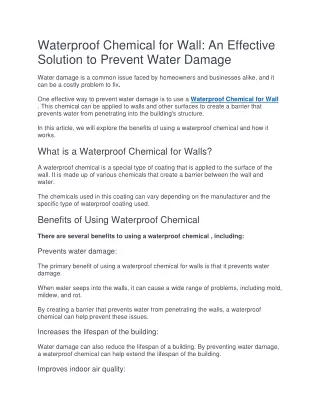 Waterproof Chemical for Wall: An Effective Solution to Prevent Water Damage