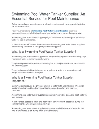 Swimming Pool Water Tanker Supplier: An Essential Service for Pool Maintenance