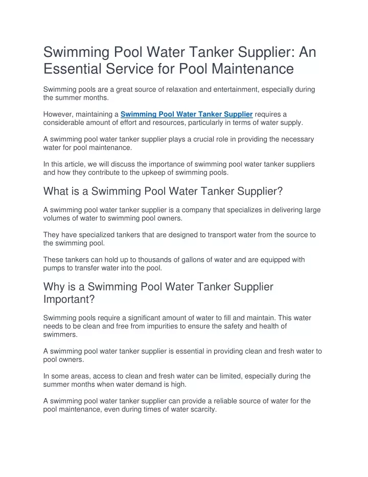 swimming pool water tanker supplier an essential