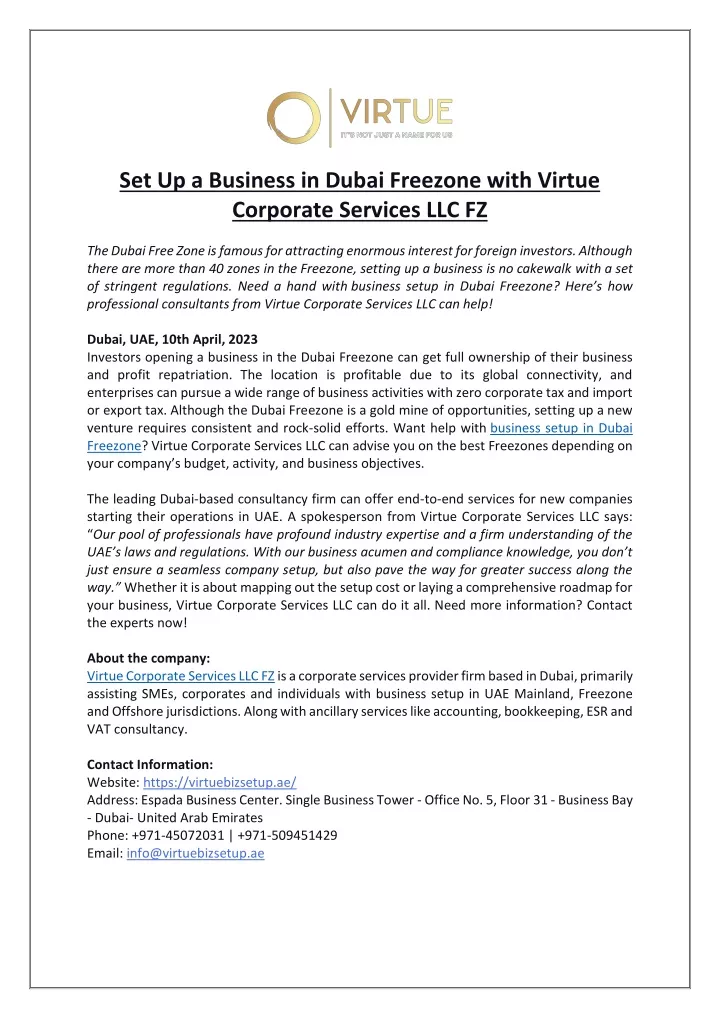 set up a business in dubai freezone with virtue