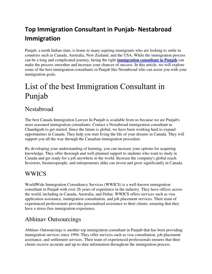 top immigration consultant in punjab nestabroad