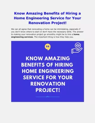 Know Amazing Benefits of Hiring a Home Engineering Service
