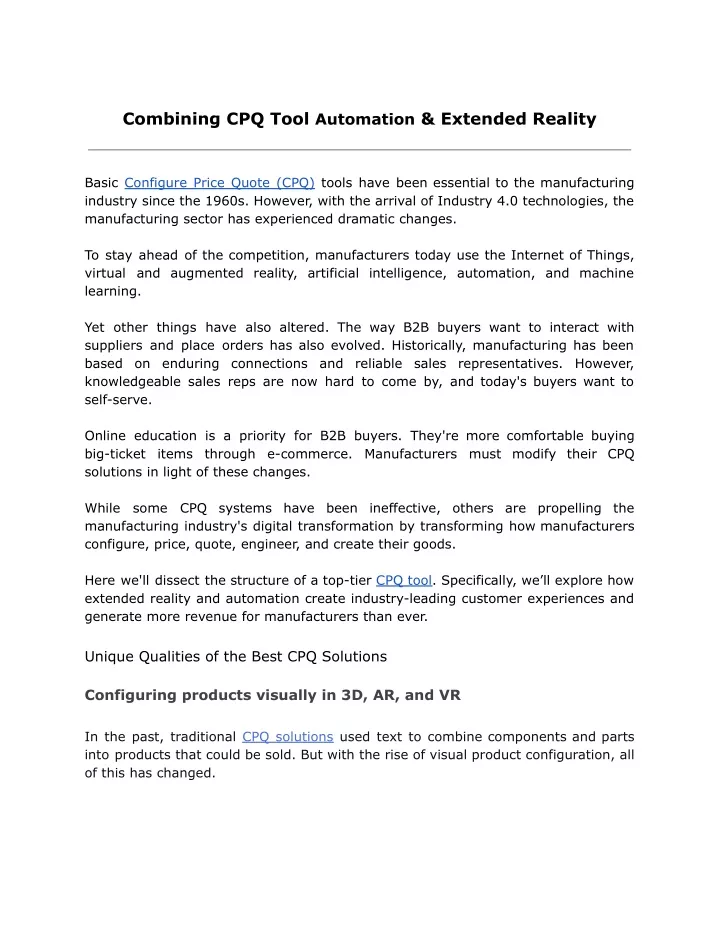 combining cpq tool automation extended reality