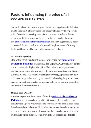 Factors influencing the price of air coolers in Pakistan