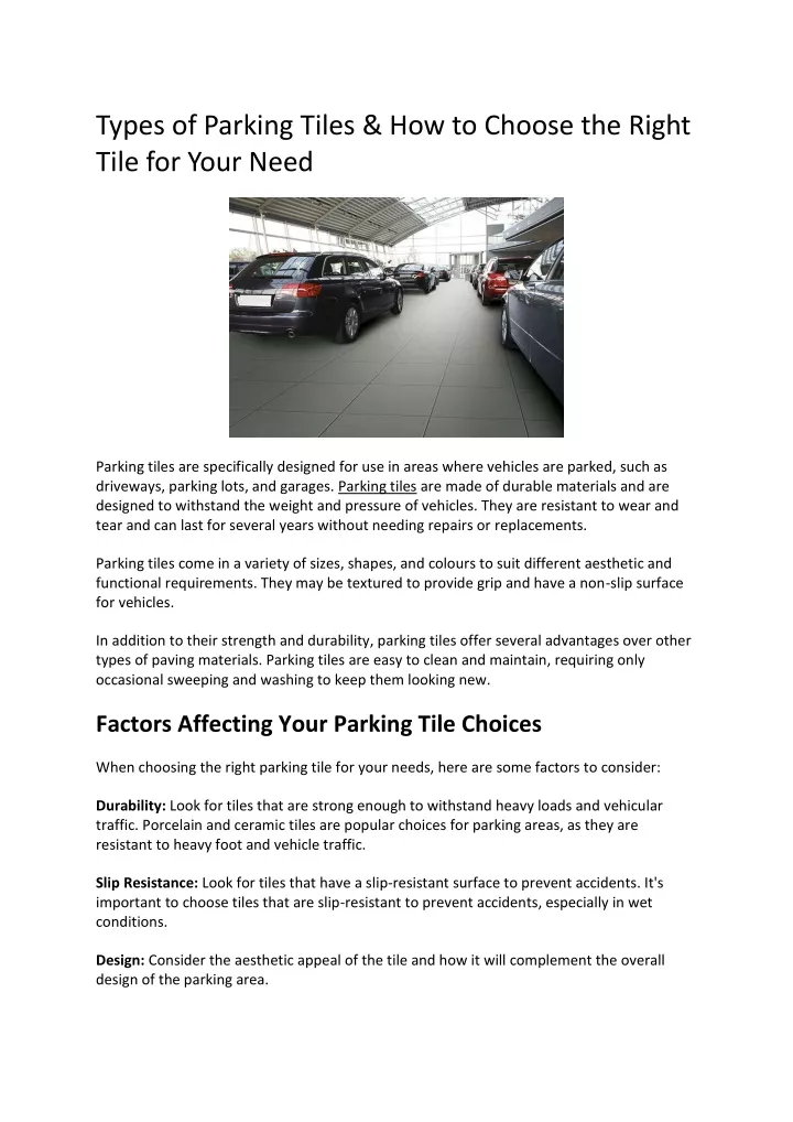 types of parking tiles how to choose the right