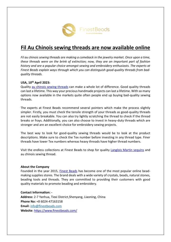 fil au chinois sewing threads are now available