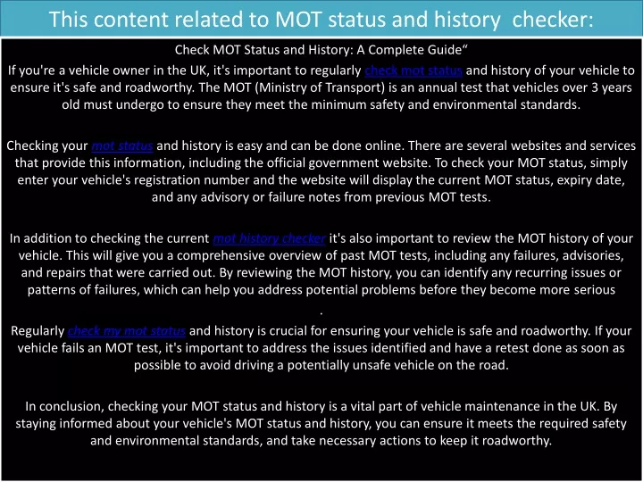 this content related to mot status and history checker