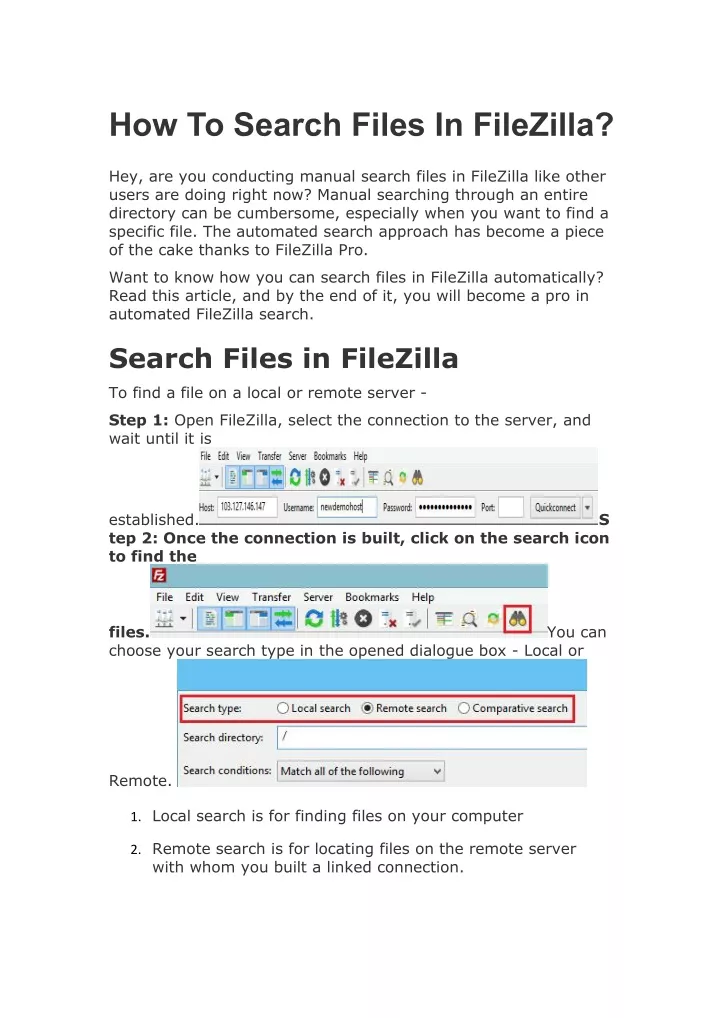 how to search files in filezilla