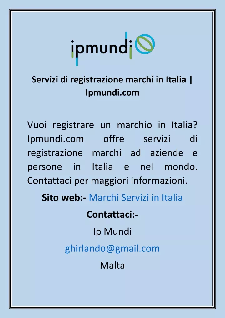 servizi di registrazione marchi in italia ipmundi