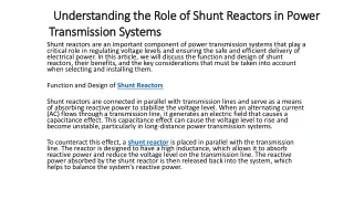 Understanding the Role of Shunt Reactors in Power Transmission Systems