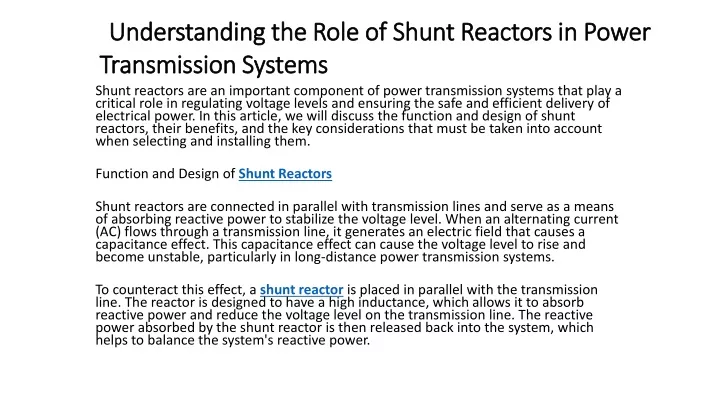 understanding the role of shunt reactors in power transmission systems