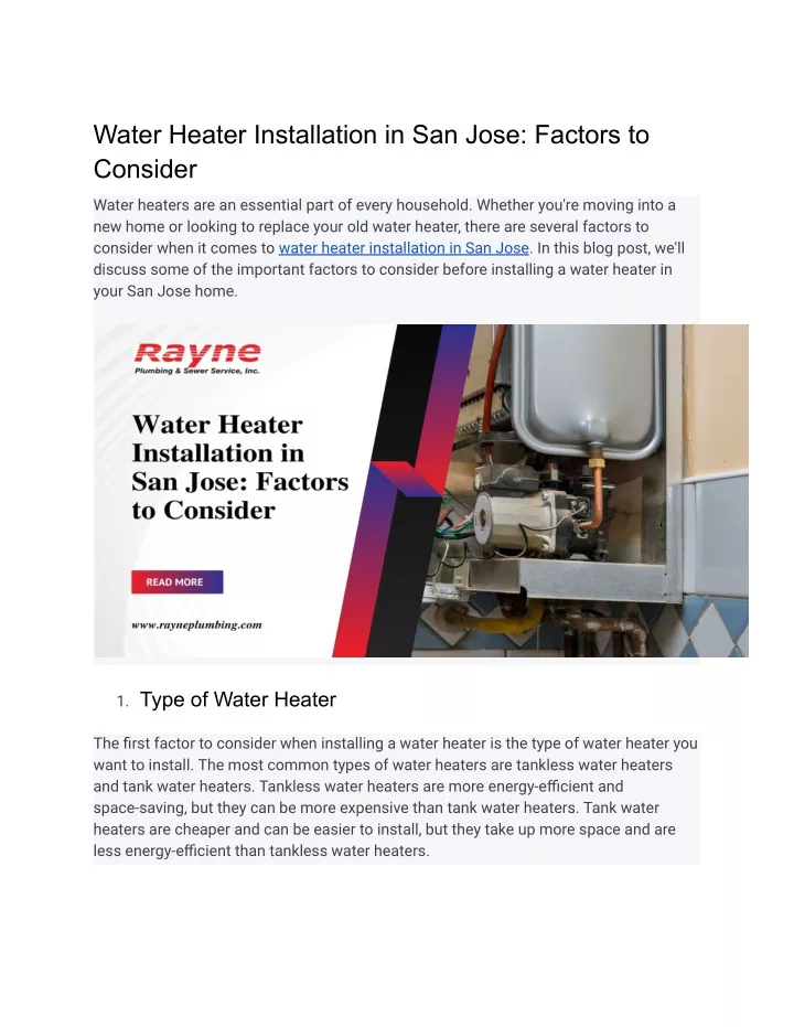 water heater installation in san jose factors