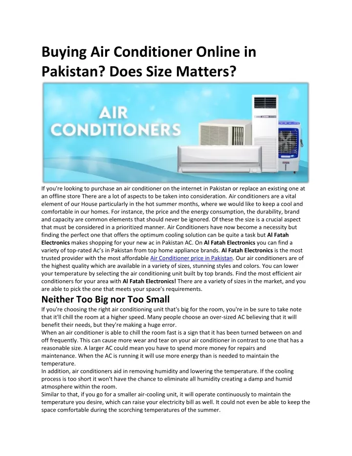buying air conditioner online in pakistan does