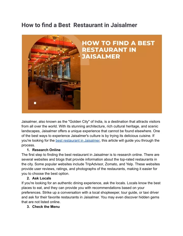 how to find a best restaurant in jaisalmer