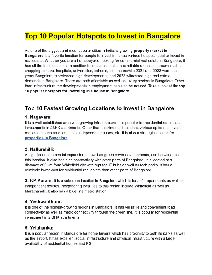 top 10 popular hotspots to invest in bangalore