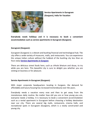 Service Apartment in Gurgaon | Fully Furnished service apartment in Gurgaon |