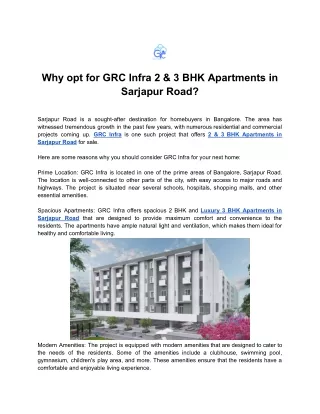 Why opt for GRC Infra 2 & 3 BHK Apartments in Sarjapur Road