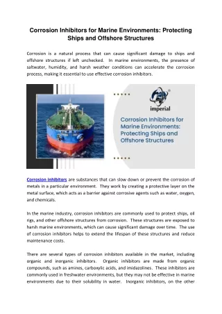 Corrosion Inhibitors for Marine Environments Protecting Ships and Offshore Structures